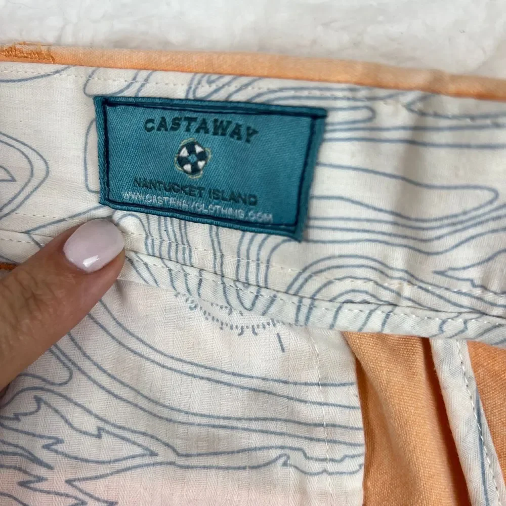 CASTAWAY Tropical Vacation Peach Palm Embroidered Men Shorts Size 36 Inseam 5.5